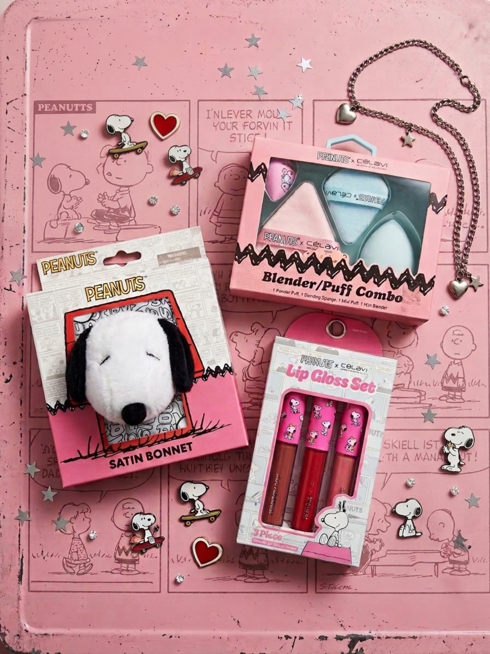 Peanuts Pink Lip Gloss, beauty blender& Satin Bonnet Set